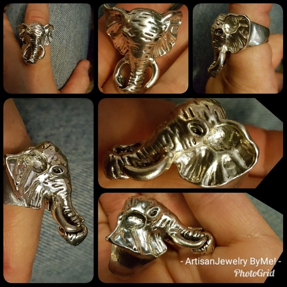 Narrow💕Cuff+Ring Elephants Kissing Detailed Set - Picture 4 of 4